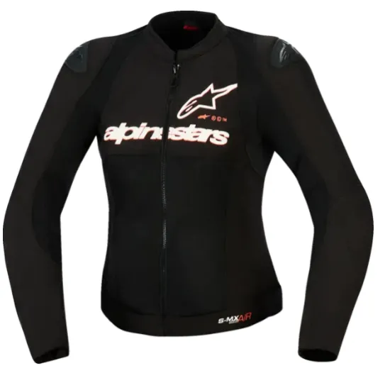 Черно дамско мото яке Alpinestars Stella SMX Air с червено-бели лога, перфорирани панели на гърдите и раменете, външни протектори и централен цип