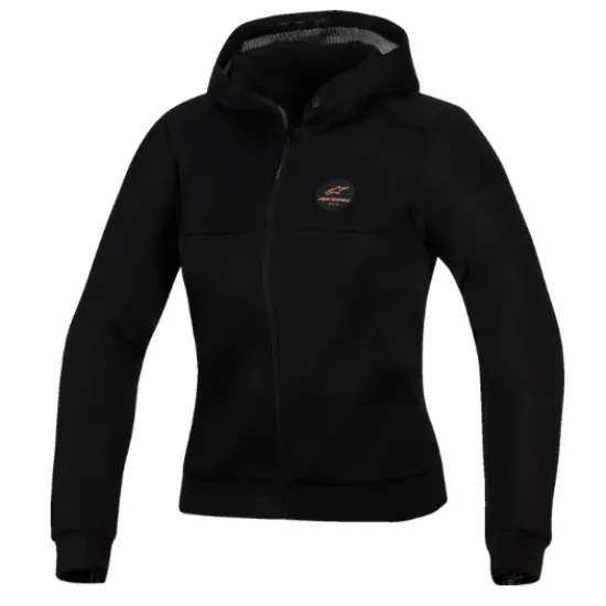 Черен дамски мото суичър Alpinestars Stella с качулка, цип отпред, мрежести вентилационни панели и лого на гърдите