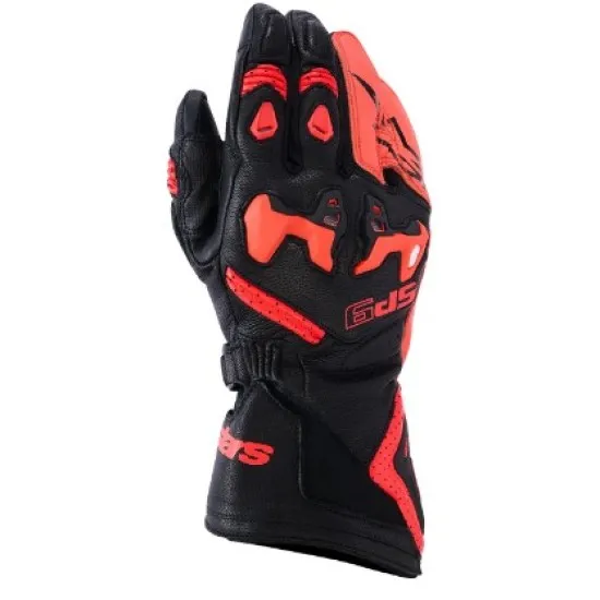 Черни кожени мото ръкавици Alpinestars SP-9 с червени акценти, защитни кокалчета, перфорация и дълъг маншет с лого