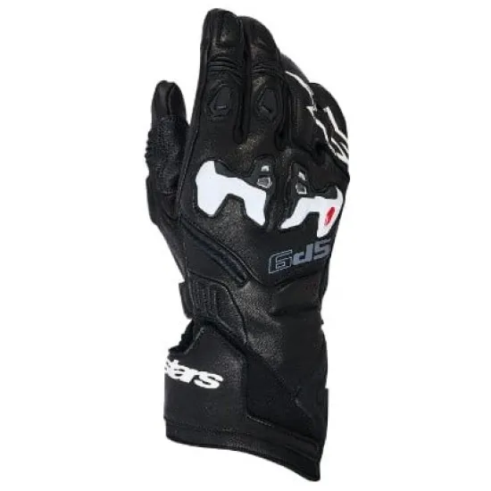 Черни кожени мото ръкавици Alpinestars SP-9 с бели акценти, перфорирана кожа, твърди защити върху кокалчетата и дълъг черен маншет