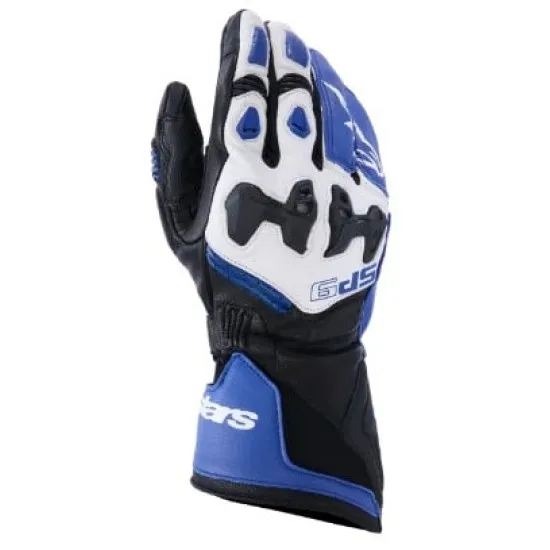 Синьо-бяло-тъмносини кожени мото ръкавици Alpinestars SP-9 с TPU кокали на кокалчетата, дълъг маншет и перфорирани зони