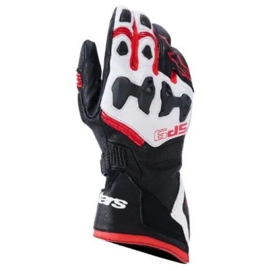 Спортни кожени ръкавици Alpinestars SP-9 в черно, бяло и червено с видими TPU кокалчета на пръстите, перфорирана кожа и дълъг маншет