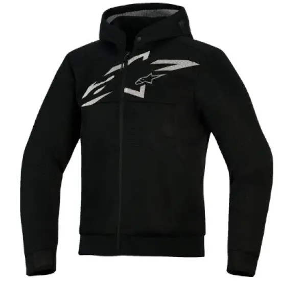 Черен мото суитшърт Alpinestars с качулка, сребристо лого на гърдите и мрежеста текстура на материала