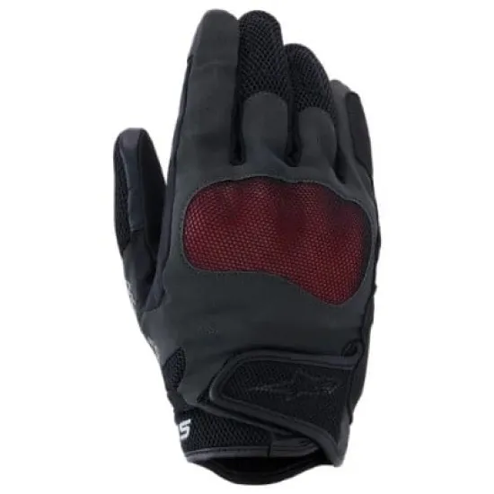 Черни дамски мото ръкавици Alpinestars с червени акценти на кокалчетата, перфорации за вентилация и мрежести панели