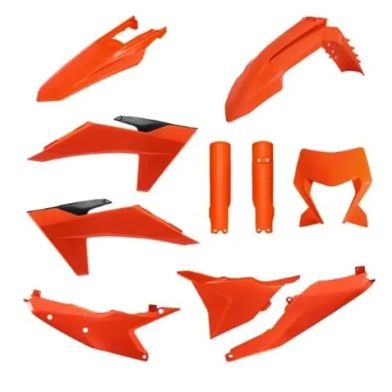Комплект от 10 оранжеви пластмасови части Polisport за KTM EXC включващ калници, странични панели, маска за фар и предпазители за вилката