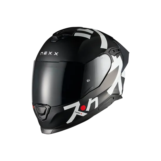Черна матова модуларна каска NEXX Y100R с бели графични елементи, тъмен визьор и повдигащо се брадово покритие