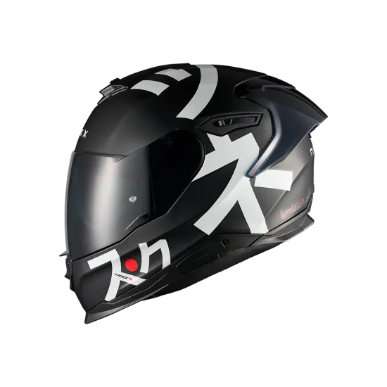 Черна матова модуларна каска NEXX Y100R с бели графични елементи, тъмен визьор и повдигащо се брадово покритие
