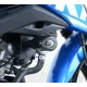 Черни краш тапи R&G Racing с капковиден дизайн монтирани на синя Suzuki GSX-S125, видим характерният R&G лого и подвижната капачка