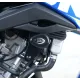 Черни краш тапи R&G Racing с капковиден дизайн монтирани на синя Suzuki GSX-S125, видим характерният R&G лого и подвижната капачка