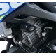 Черни краш тапи R&G Racing с капковиден дизайн монтирани на синя Suzuki GSX-S125, видим характерният R&G лого и подвижната капачка