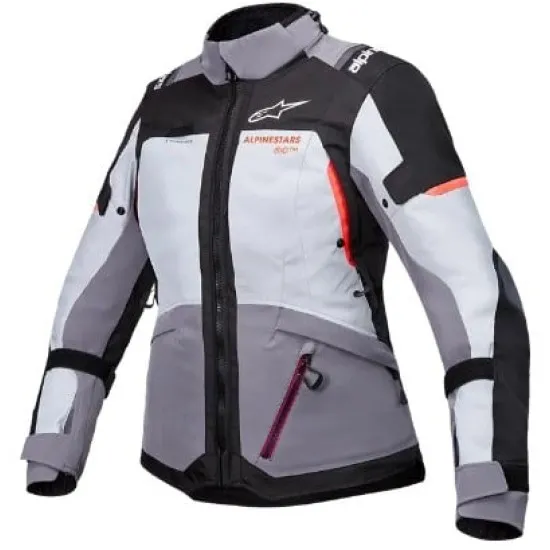 Дамско мотоджаке Alpinestars Stella Andes v4 в сиво, черно и корал с Drystar мембрана, видими вентилационни отвори, множество джобове и червен цип акцент