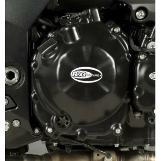 Черен протектор на съединителя R&G Racing монтиран на двигател на Kawasaki Z750, с матово покритие и бяло лого в центъра