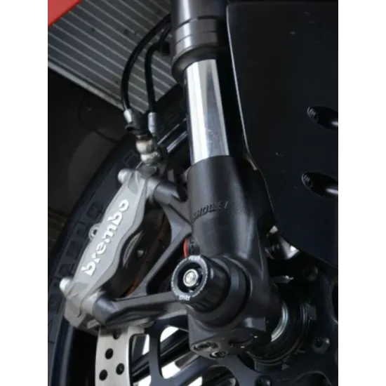 Черни краш тапи R&G Racing монтирани на предната ос на Ducati мотоциклет с видими спирачни апарати Brembo