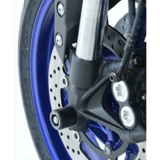 Сини краш тапи R&G Racing монтирани на предната вилка на син мотоциклет Yamaha с бели дискове и сребристи компоненти