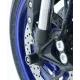 Сини краш тапи R&G Racing монтирани на предната вилка на син мотоциклет Yamaha с бели дискове и сребристи компоненти