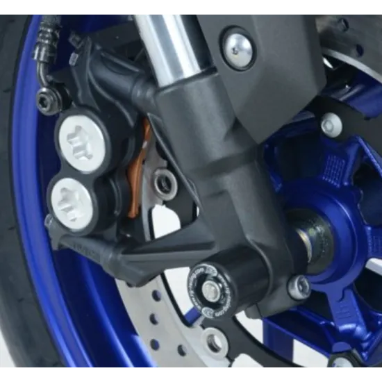 Сини краш тапи R&G Racing монтирани на предната вилка на син мотоциклет Yamaha с бели дискове и сребристи компоненти