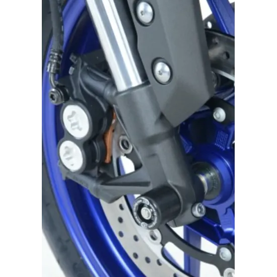 Сини краш тапи R&G Racing монтирани на предната вилка на син мотоциклет Yamaha с бели дискове и сребристи компоненти
