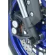 Сини краш тапи R&G Racing монтирани на предната вилка на син мотоциклет Yamaha с бели дискове и сребристи компоненти