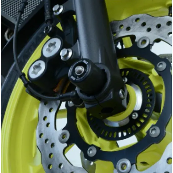 Черни краш тапи R&G Racing монтирани на предната вилка на жълт мотоциклет Yamaha MT-07, показващи защитата на долните части на вилката и близостта до спирачния диск