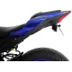 Черна триъгълна стойка за номер R&G Racing монтирана на Yamaha YZF-R125 в синьо, с LED осветител и оригинални мигачи