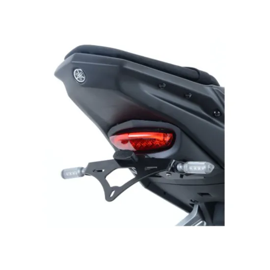 Черна метална стойка за номер R&G Racing монтирана на Yamaha MT-125 със задна LED стопа и LED мигачи