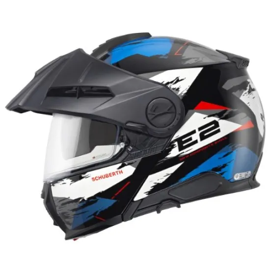 Модулна каска SCHUBERTH E2 Trail Blue с графичен дизайн в сиво, синьо и бяло, отворена брадичка и регулируема козирка