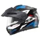 Модулна каска SCHUBERTH E2 Trail Blue с графичен дизайн в сиво, синьо и бяло, отворена брадичка и регулируема козирка