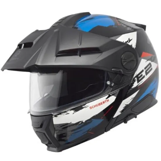 Модулна каска SCHUBERTH E2 Trail Blue с графичен дизайн в сиво, синьо и бяло, отворена брадичка и регулируема козирка