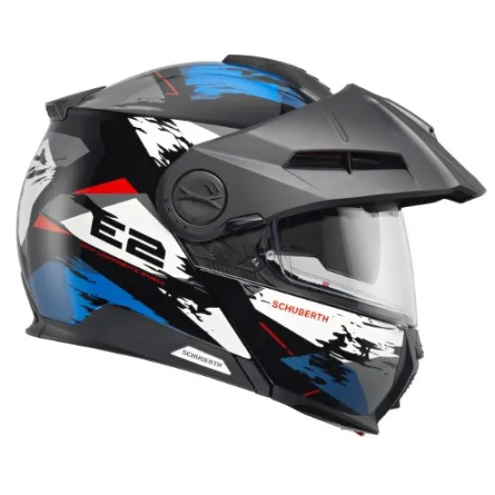 Модулна каска SCHUBERTH E2 Trail Blue с графичен дизайн в сиво, синьо и бяло, отворена брадичка и регулируема козирка