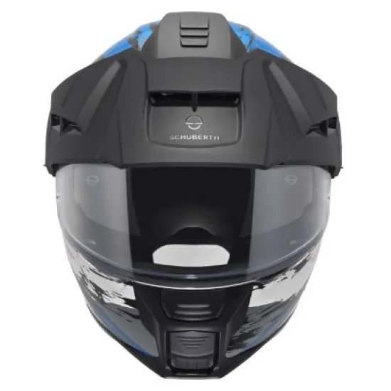 Модулна каска SCHUBERTH E2 Trail Blue с графичен дизайн в сиво, синьо и бяло, отворена брадичка и регулируема козирка