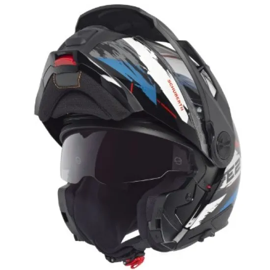 Модулна каска SCHUBERTH E2 Trail Blue с графичен дизайн в сиво, синьо и бяло, отворена брадичка и регулируема козирка