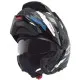 Модулна каска SCHUBERTH E2 Trail Blue с графичен дизайн в сиво, синьо и бяло, отворена брадичка и регулируема козирка