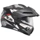 Сива адвенчър каска SCHUBERTH E2 Trail Grey с бяло-червен дизайн, регулируема козирка, двоен подбрадник и вентилационни отвори