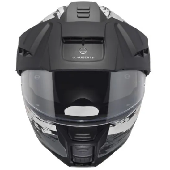 Сива адвенчър каска SCHUBERTH E2 Trail Grey с бяло-червен дизайн, регулируема козирка, двоен подбрадник и вентилационни отвори