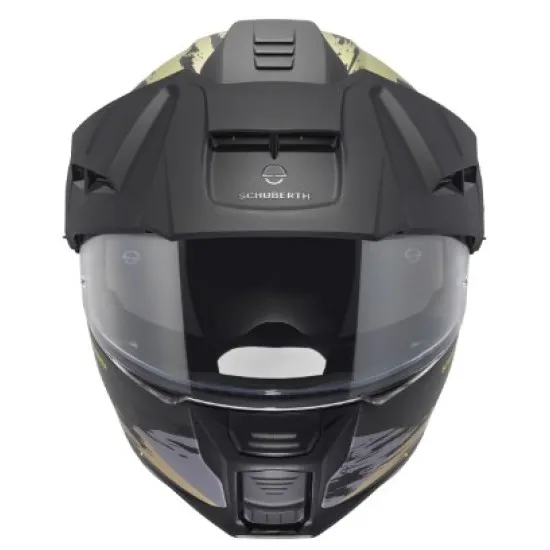 Каска Schuberth E2 Trail Green в камуфлажен дизайн със зелени и кафяви тонове, регулируема козирка, прозрачен визьор и вентилационни отвори