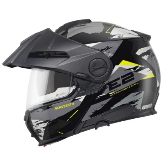 Сива модулна каска SCHUBERTH E2 Trail Yellow с жълти акценти, динамични графични елементи, интегрирана козирка и подвижна брадичка