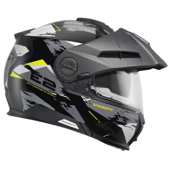 Сива модулна каска SCHUBERTH E2 Trail Yellow с жълти акценти, динамични графични елементи, интегрирана козирка и подвижна брадичка