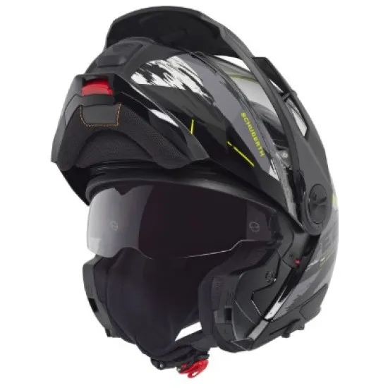 Сива модулна каска SCHUBERTH E2 Trail Yellow с жълти акценти, динамични графични елементи, интегрирана козирка и подвижна брадичка