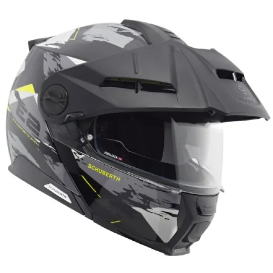 Сива модулна каска SCHUBERTH E2 Trail Yellow с жълти акценти, динамични графични елементи, интегрирана козирка и подвижна брадичка