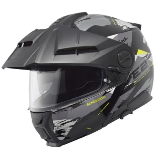 Сива модулна каска SCHUBERTH E2 Trail Yellow с жълти акценти, динамични графични елементи, интегрирана козирка и подвижна брадичка