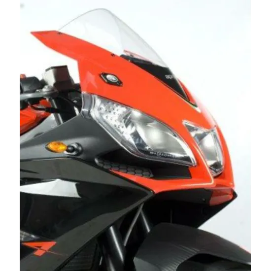 Черни заглушващи плочки R&G Racing монтирани на оранжево-черен обтекател Aprilia RSV4 - предна дясна страна с фар и мигач