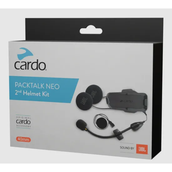 Опаковка Cardo Packtalk Neo втори комплект каска с черни JBL слушалки 40mm, микрофон и свързващи кабели на бяла и синя кутия
