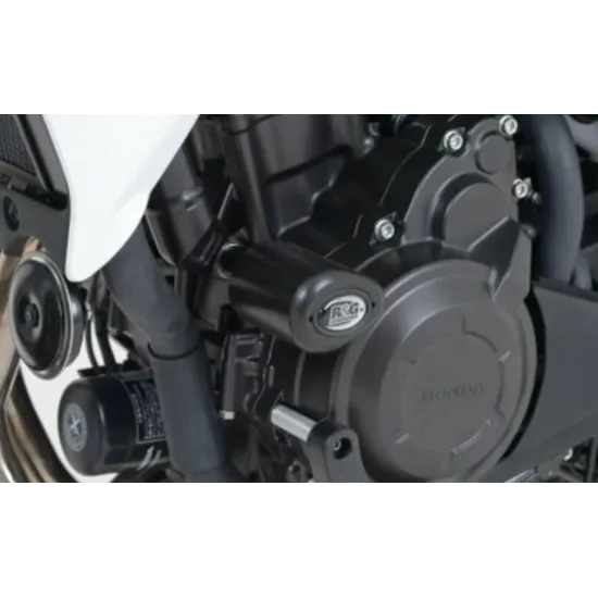 Черни краш тапи R&G Racing монтирани на двигател Honda CB с видимо лого R&G и аеродинамичен дизайн