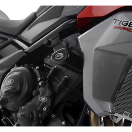 Черни краш тапи R&G Racing монтирани на сребриста Triumph Tiger Sport 660 с видимо лого R&G и aero форма