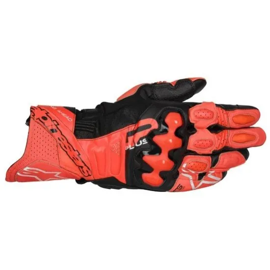Червени и черни кожени мото ръкавици Alpinestars GP+ R V3 с TPU протектори на кокалчетата, перфорации за вентилация и предварително извит спортен дизайн