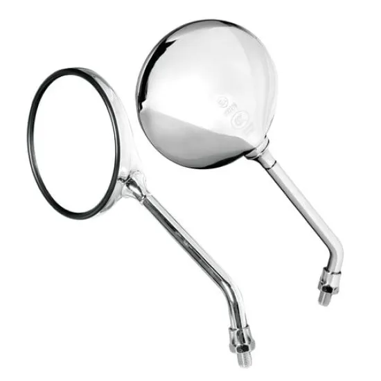 Чифт хромирани кръгли огледала Opal Chrome за мотор - лъскаво хромирано тяло, полирано стебло и резба M10x1,25, показани от предна и задна страна
