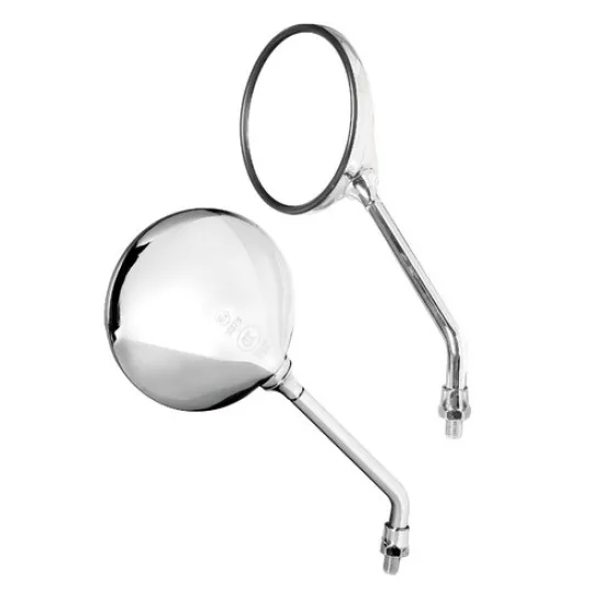 Чифт хромирани кръгли огледала Opal Chrome за мотор - лъскаво хромирано тяло, полирано стебло и резба M10x1,25, показани от предна и задна страна
