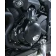 Черен протектор R&G Racing на ляв картер на Triumph Speed Triple, матово покритие с бял овален логотип, монтиран с болтове