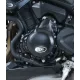 Черен протектор R&G Racing на ляв картер на Triumph Speed Triple, матово покритие с бял овален логотип, монтиран с болтове