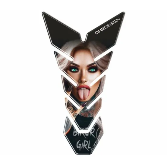 Протектор за резервоар OneDesign Biker Girl Black Edition с 3D хром ефект и графика на момиче с тюркоазени очи и татуировки